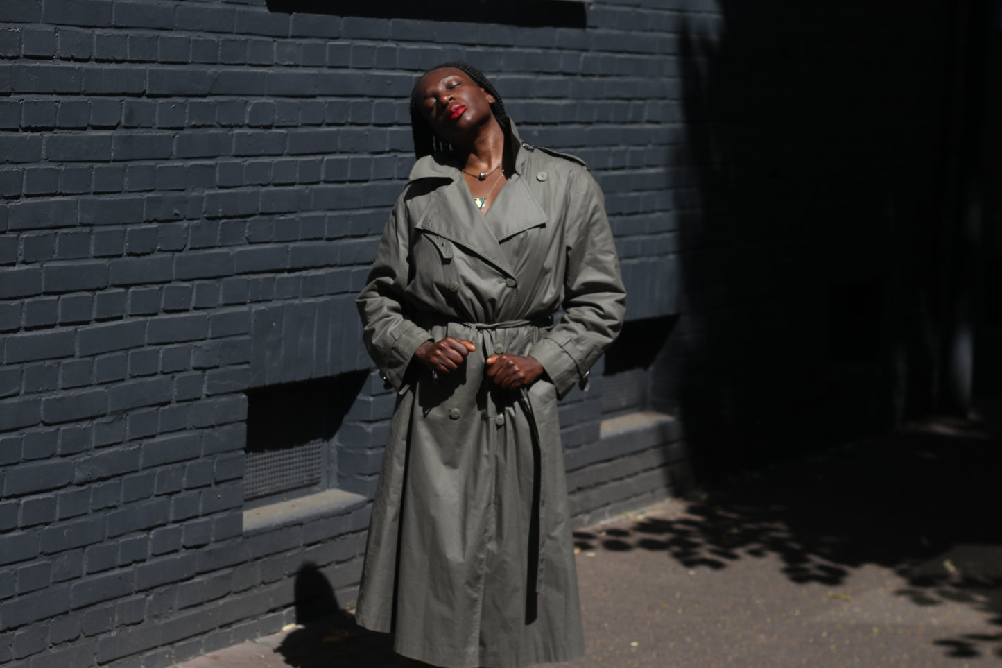 Vintage Trench Coat 80s Olive Green Khaki Plaid Lined Long Rain Mac Jacket Large