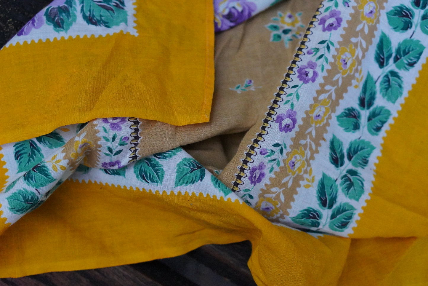 Vintage Floral Scarf Yellow Purple Rose Babushka Headscarf Cotton Square Bandana