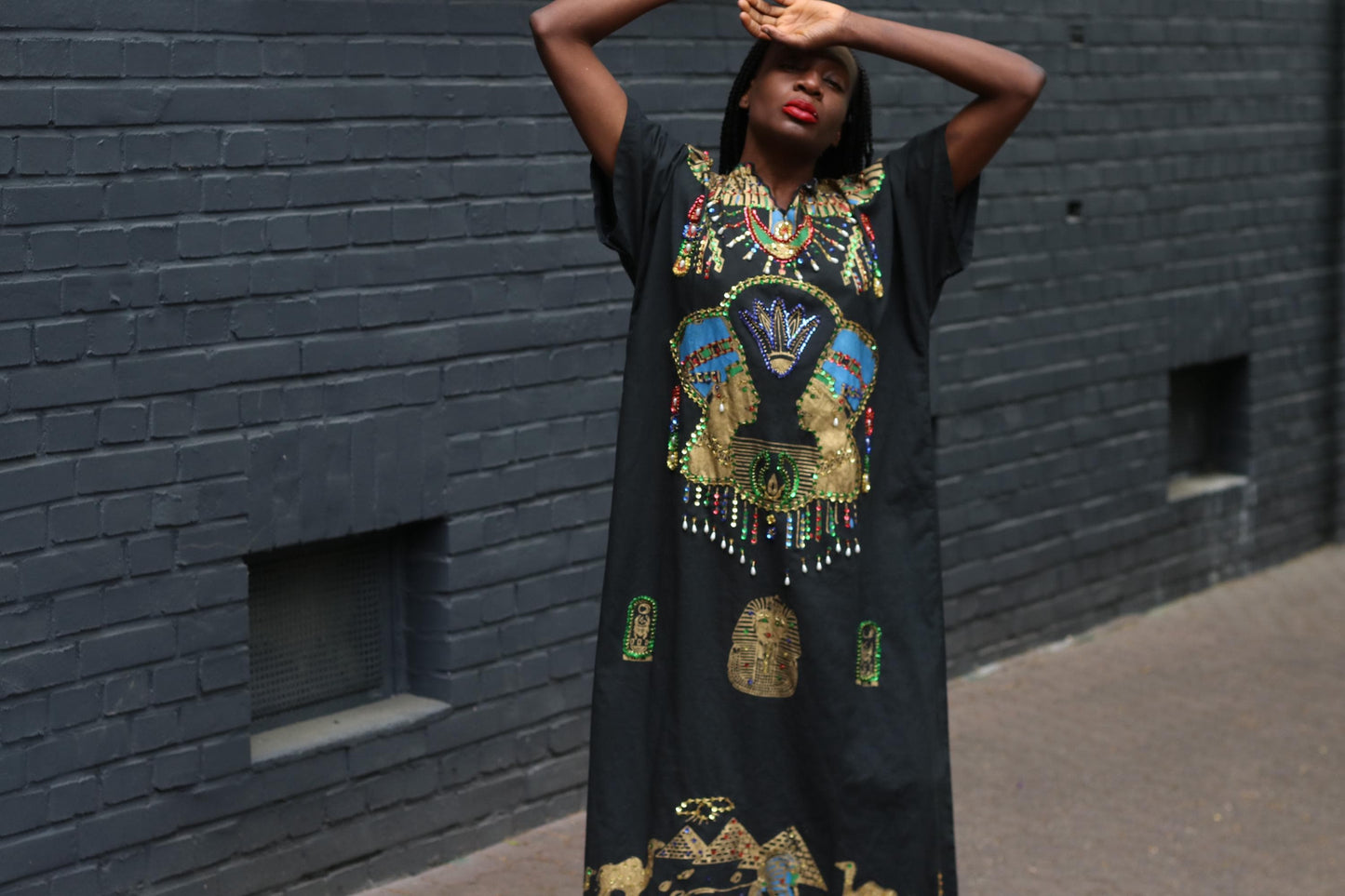 Vintage Egyptian Kaftan Dress Black Gold Beaded Maxi Caftan Embroidered 70s Boho