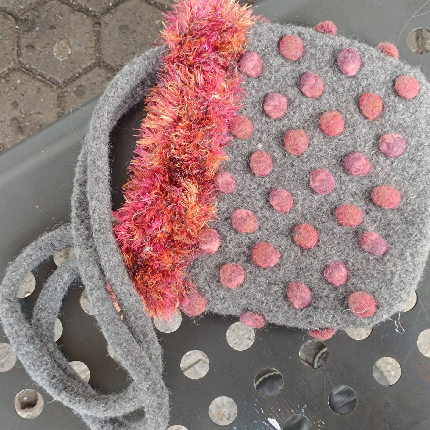 Vintage Y2K Felt Wool Polka Dot Handbag - Retro Fuzzy Fringe Tote