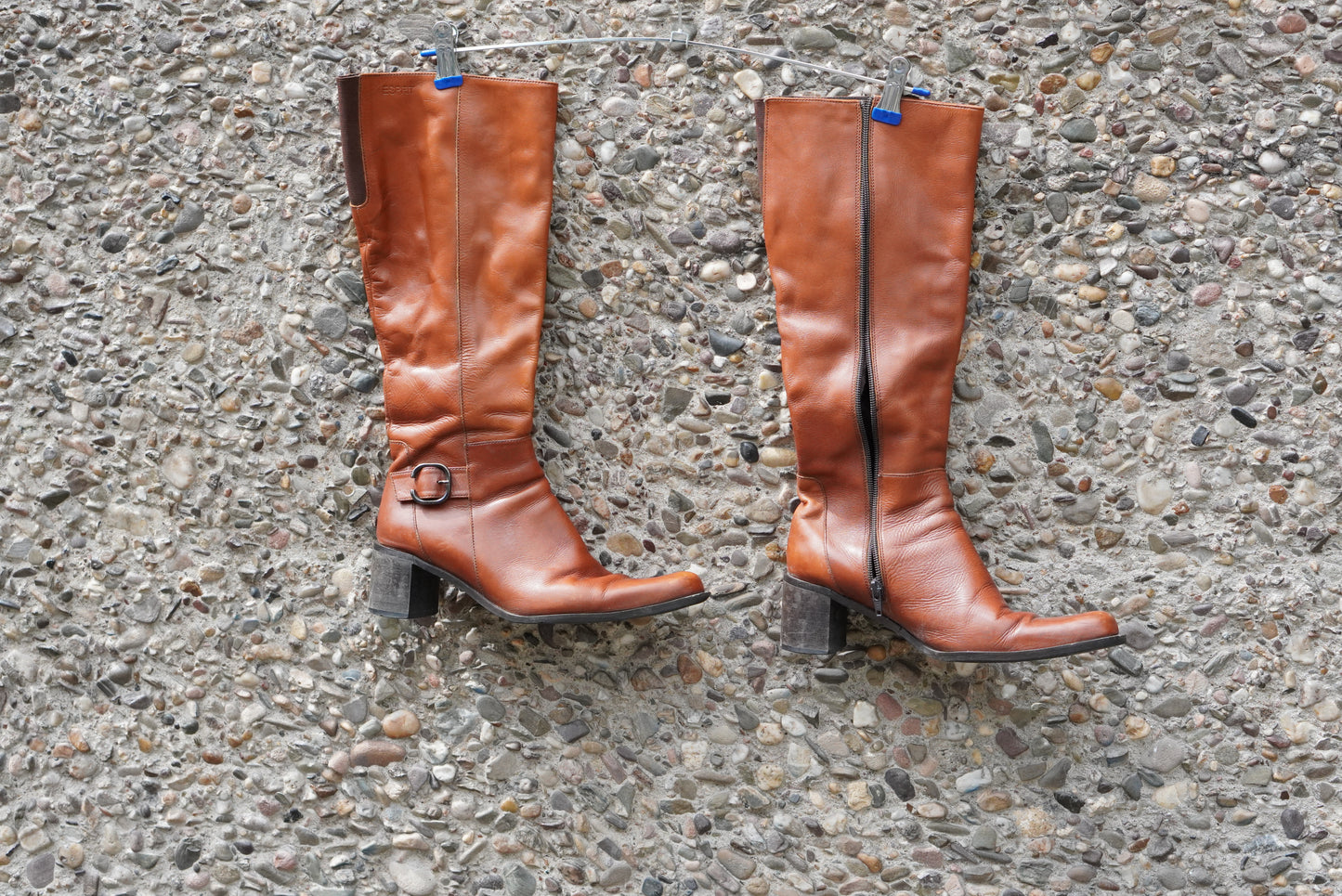 Vintage Esprit 90s Cognac Leather Knee High Boots Block Heel Almond Toe Size 38