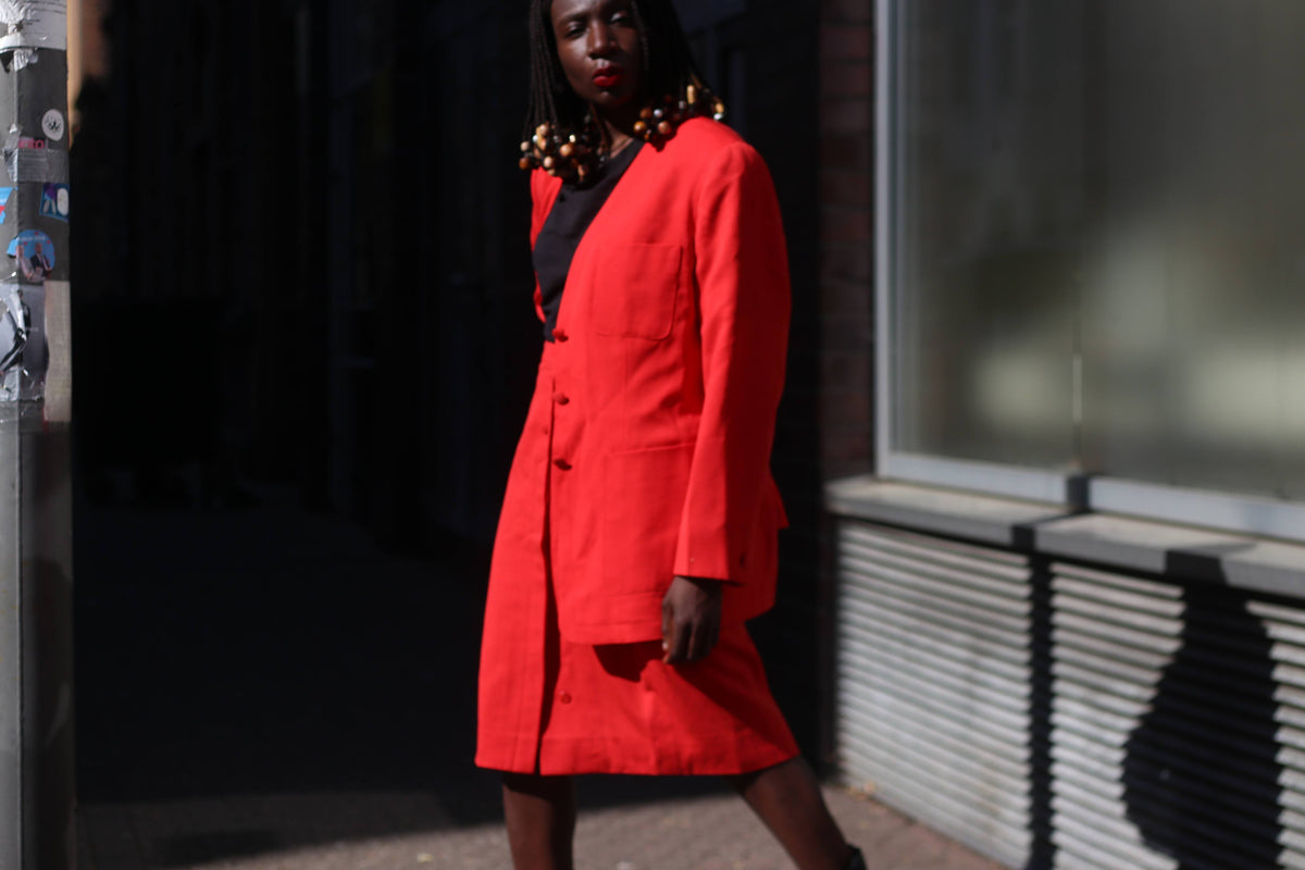 Rodier Red Wool Skirt Suit Set, Size 42, Made in France