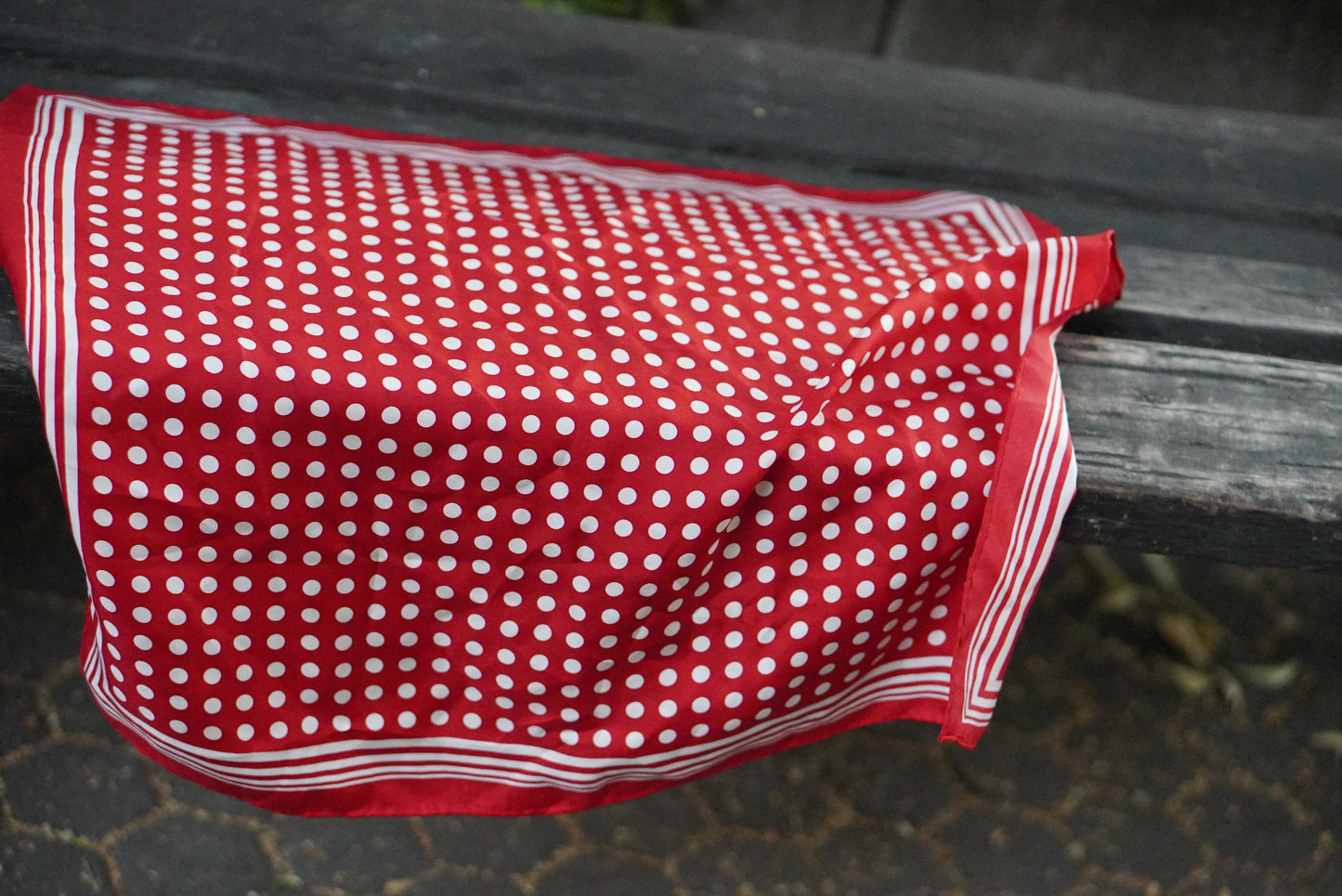 Vintage 1970s Red Polka Dot Scarf Square White Striped Border Head Neck Scarf
