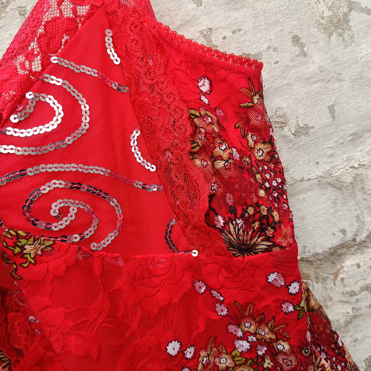 Red Floral Slip Dress | Y2K Whimsigoth Sequined Mini S-M