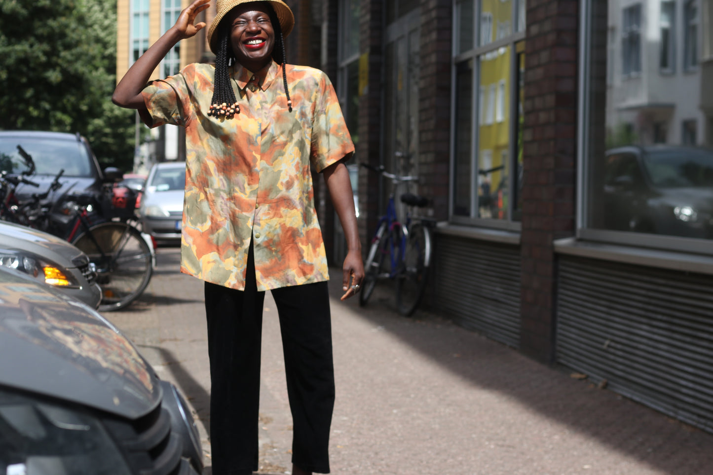 Vintage 1980s Silk Blouse Abstract Earthy Camo Print Short Sleeve Button Up Shirt