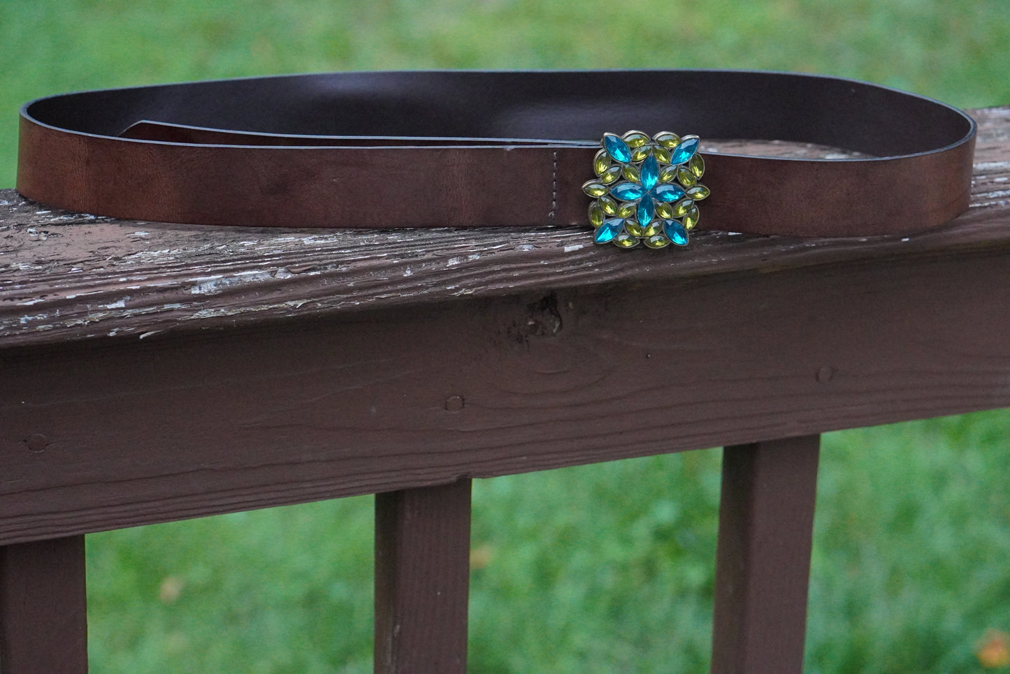 Vintage Y2K Italian Leather Belt - Blue Green Rhinestone Buckle Boho