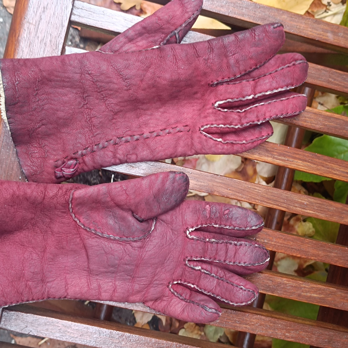 Burgundy Leather Gloves Vintage 70s Faux Shearling Lined Winter Mittens | S