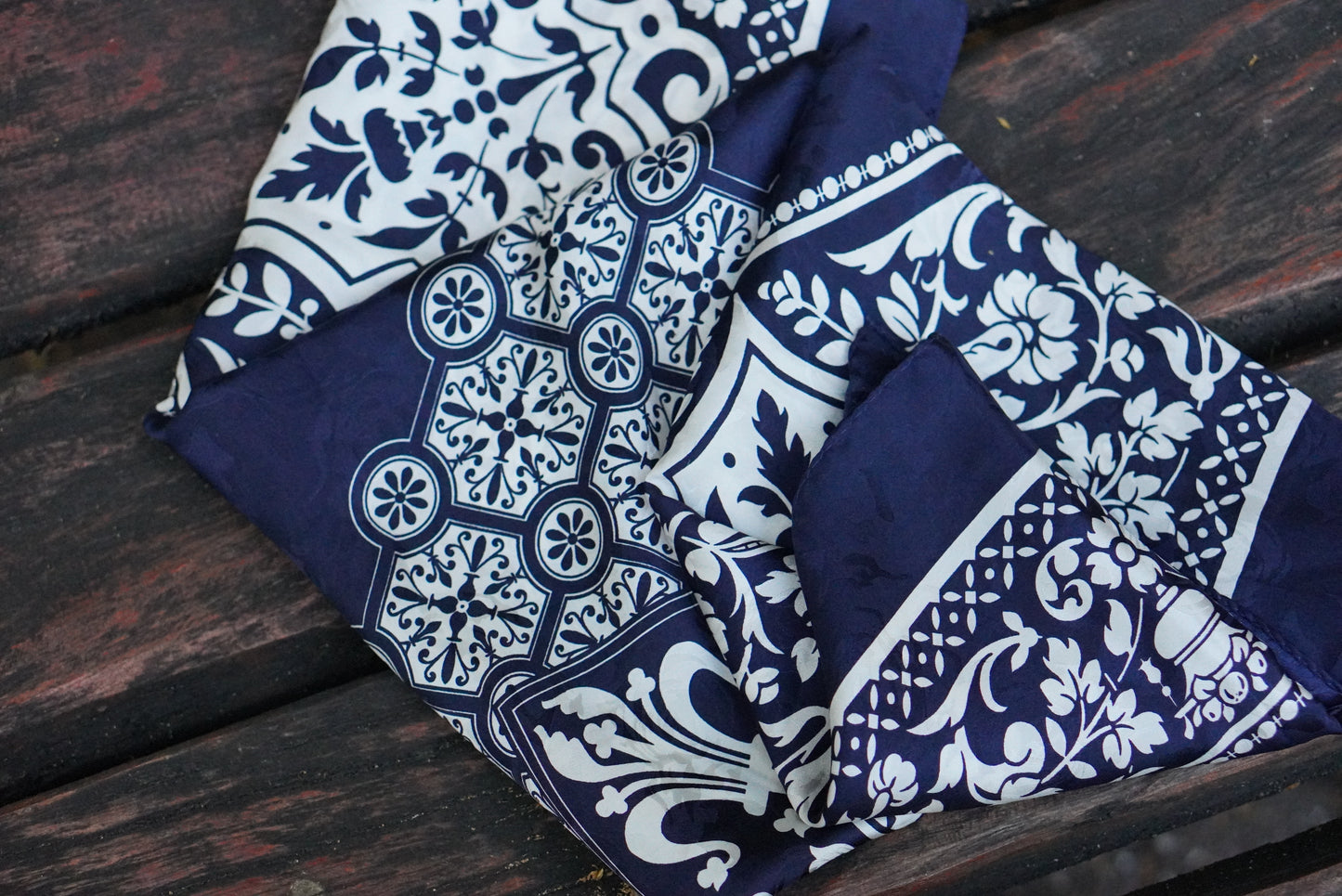 Vintage Italy Silk Scarf Blue White Baroque Medallion Head Neck Square Wrap Bandana