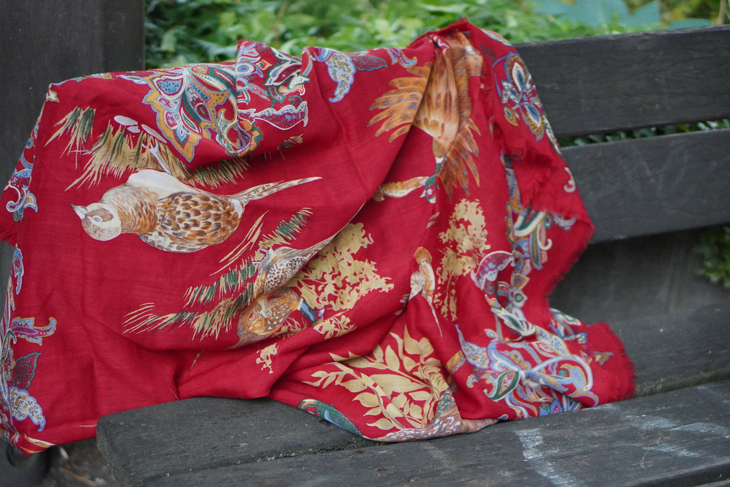 Vintage Red Wool Scarf Paisley Pheasant Shawl 1980s Folk Fringe Wrap Square Large