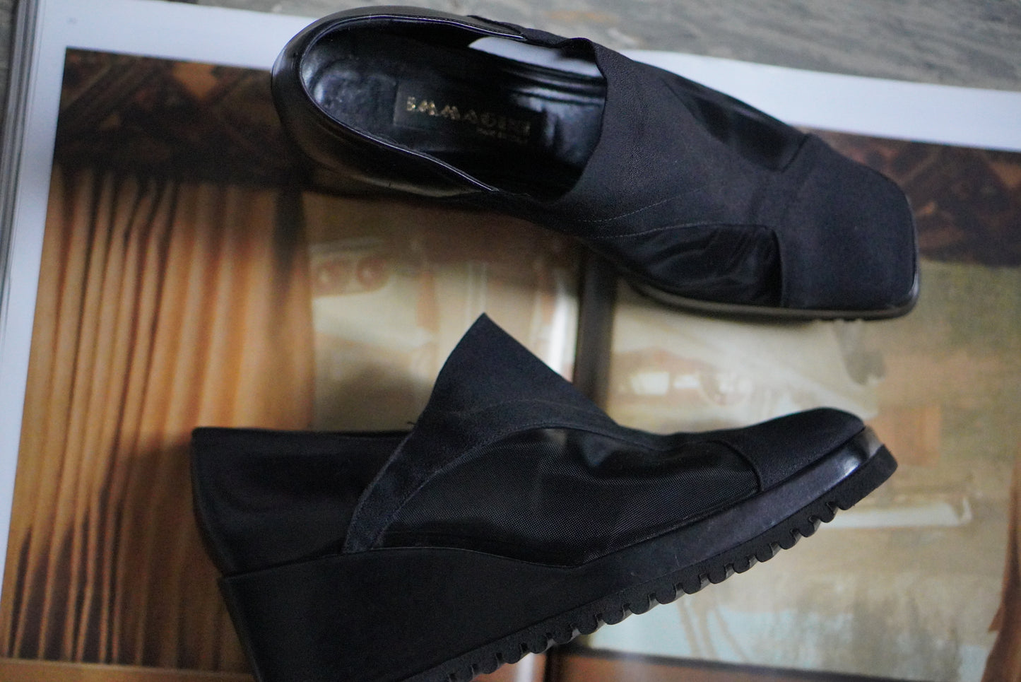 Mesh Wedge Mules - 90s Minimalist Shoes - Black Square Toe | Size 38