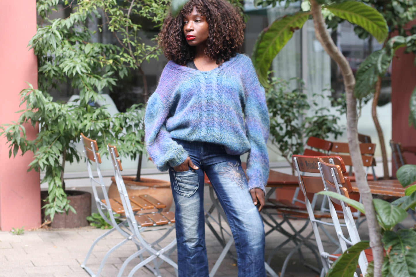 V-Neck Cable Knit Sweater | Vintage 80s Blue Puff Sleeve Jumper M