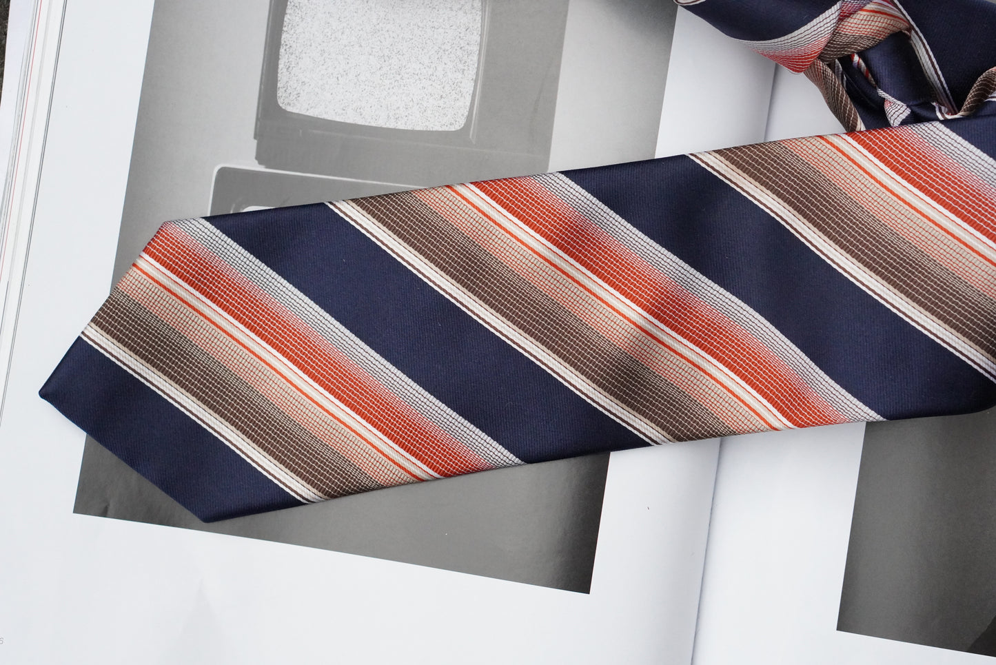 Vintage 1980s Silk Tie Navy Blue Orange Striped Necktie Retro Academic Preppy