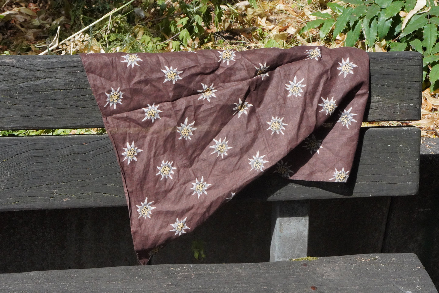 Vintage Alpine Edelweiss Cotton Bandana | 1970s Brown Folk Neck Scarf