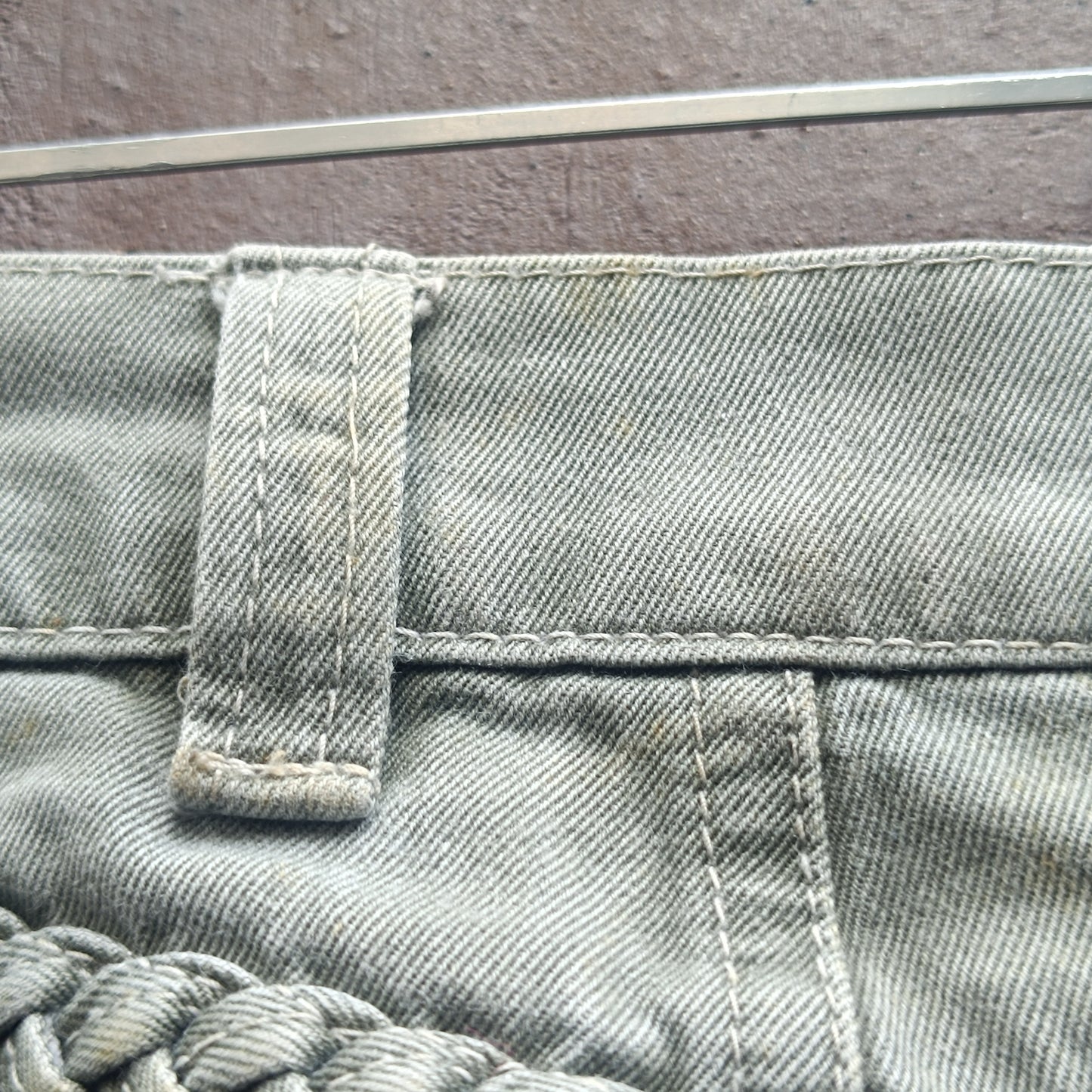Vintage 1980s High Waisted Pants Sage Green Braided Pocket Tapered Denim Trousers