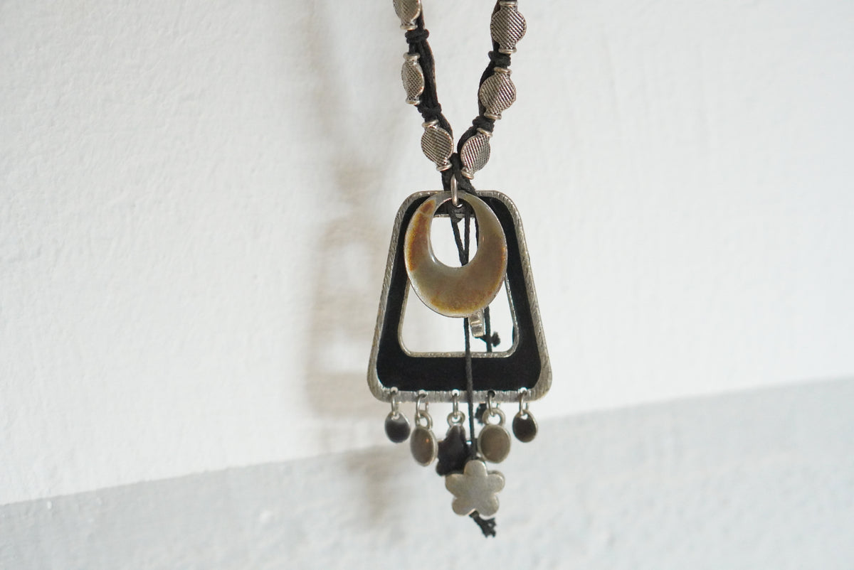 Vintage Boho Statement Necklace Silver Pendant 1990s Black Enamel Coin Choker Bag