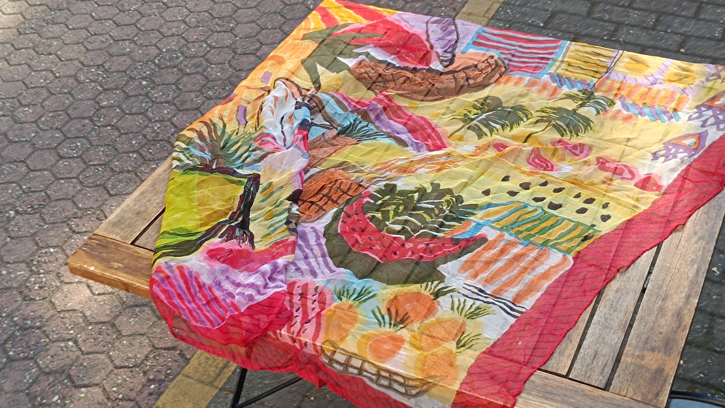 Vintage 90s Abstract Art Scarf - M Logo Tropical Print Shawl
