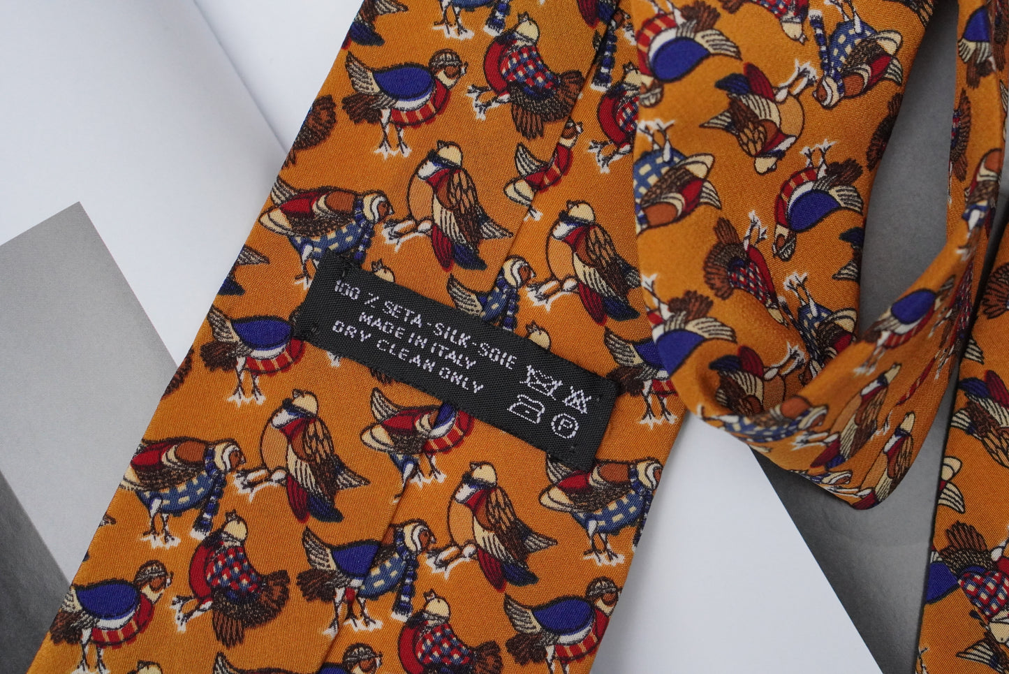 Vintage Mustard Yellow Silk Tie Italian Novelty Bird Print 1990s Mens Necktie