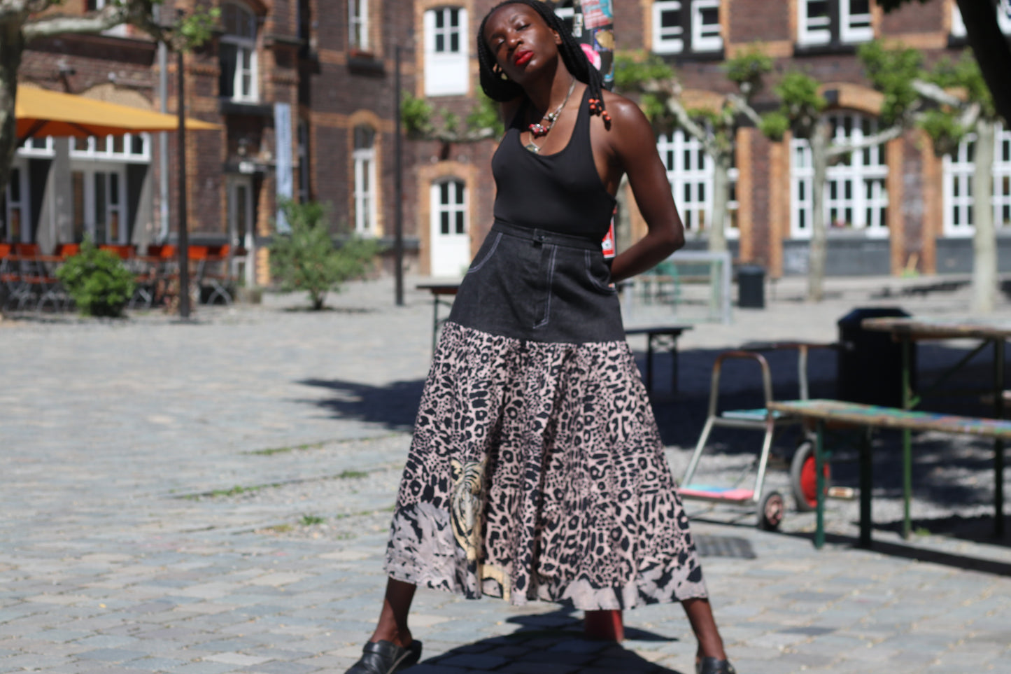 Vintage 90s Denim and Leopard Print Tiered Maxi Skirt