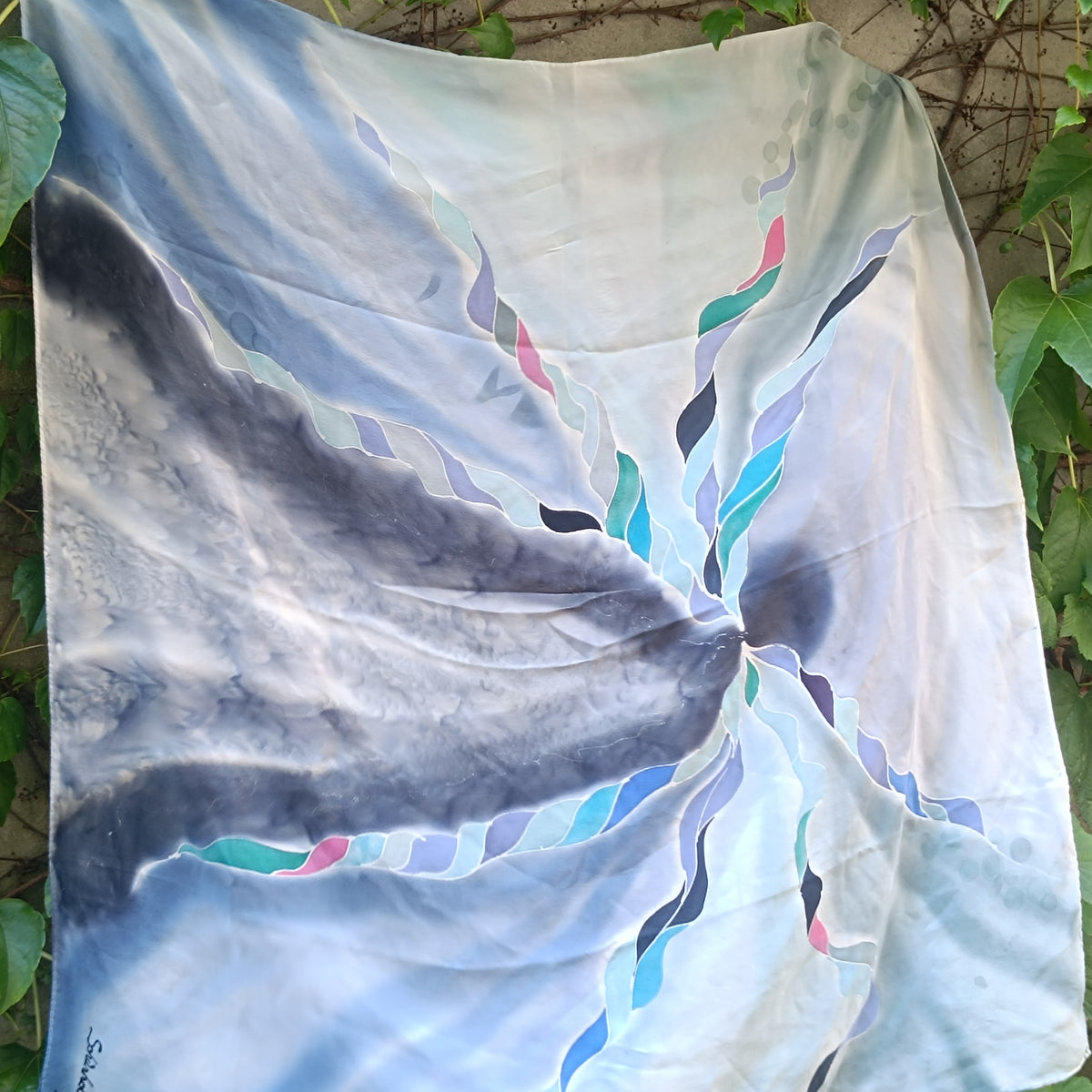 Silk Scarf - Vintage 80s 90s Art Silk - Blue Abstract Square Scarf | One Size