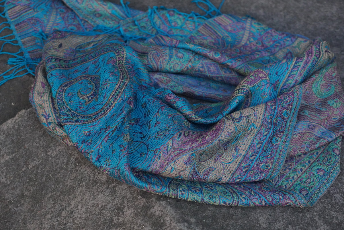 Teal and Purple Paisley Patterned Scarf with Fringe