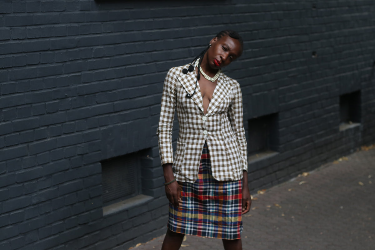 Gingham Blazer Jacket | Vintage French Brown White | Fits XS S