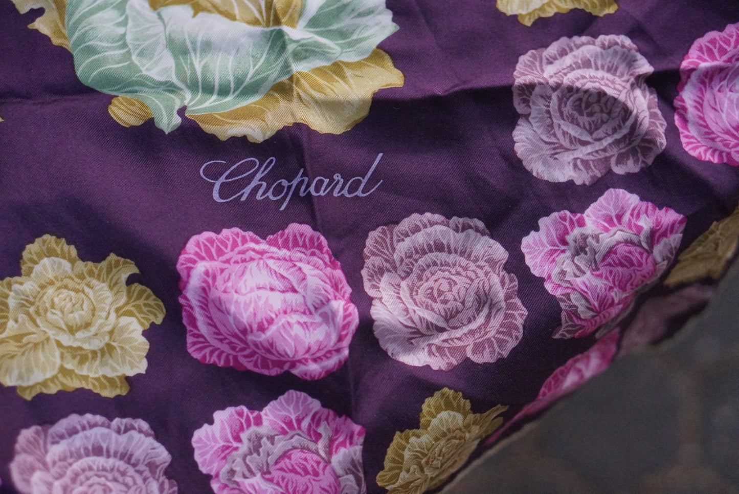 Chopard Scarf Vintage Silk Purple Floral Cabbage Print Logo Designer Headscarf