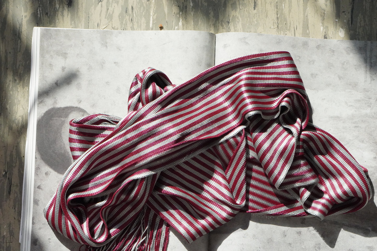Vintage Burgundy Silver Striped Scarf Fringe Woven Retro Unisex Wrap Shawl