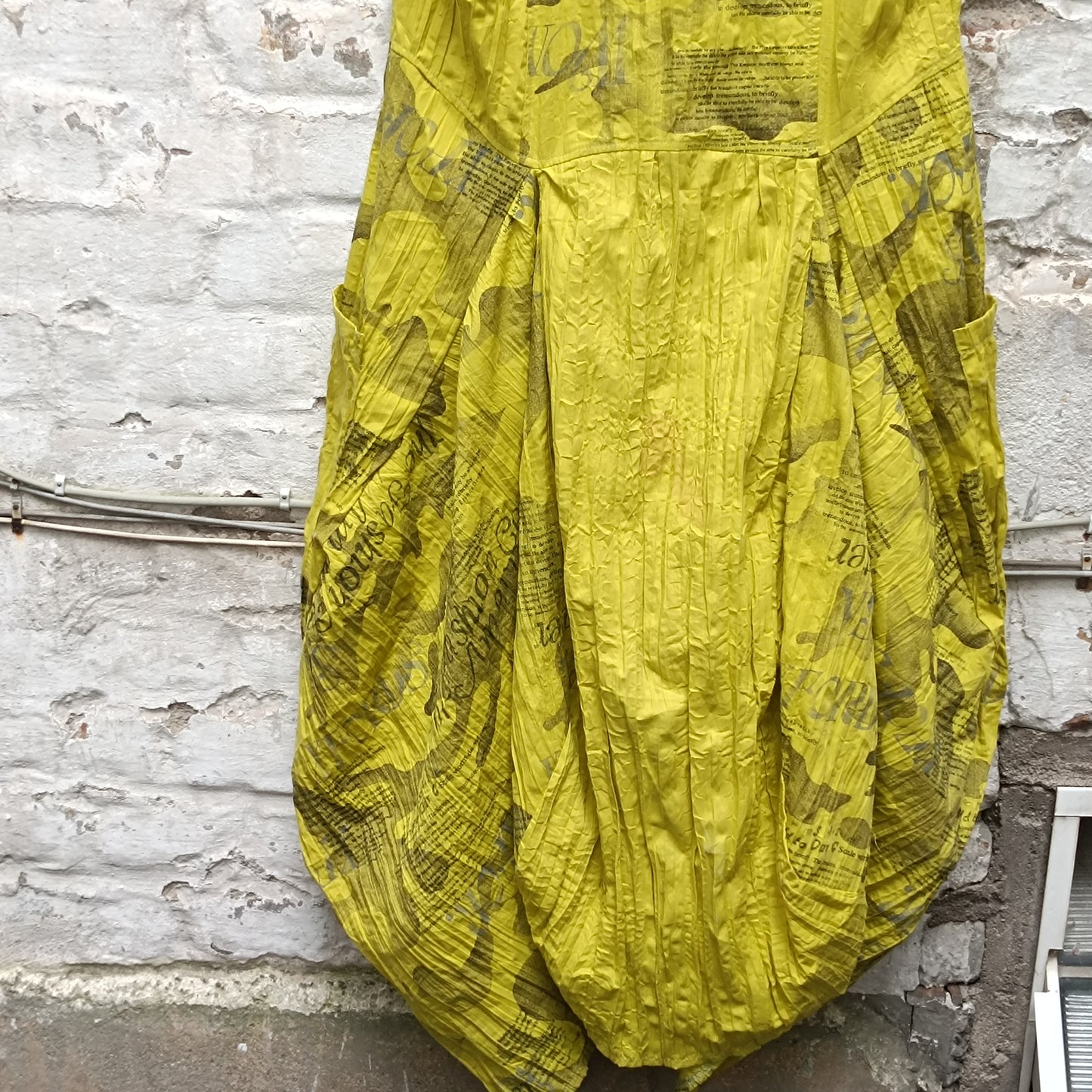 Yellow Avant-Garde Newspaper Dress - 90s Printed Balloon Midi - M/L