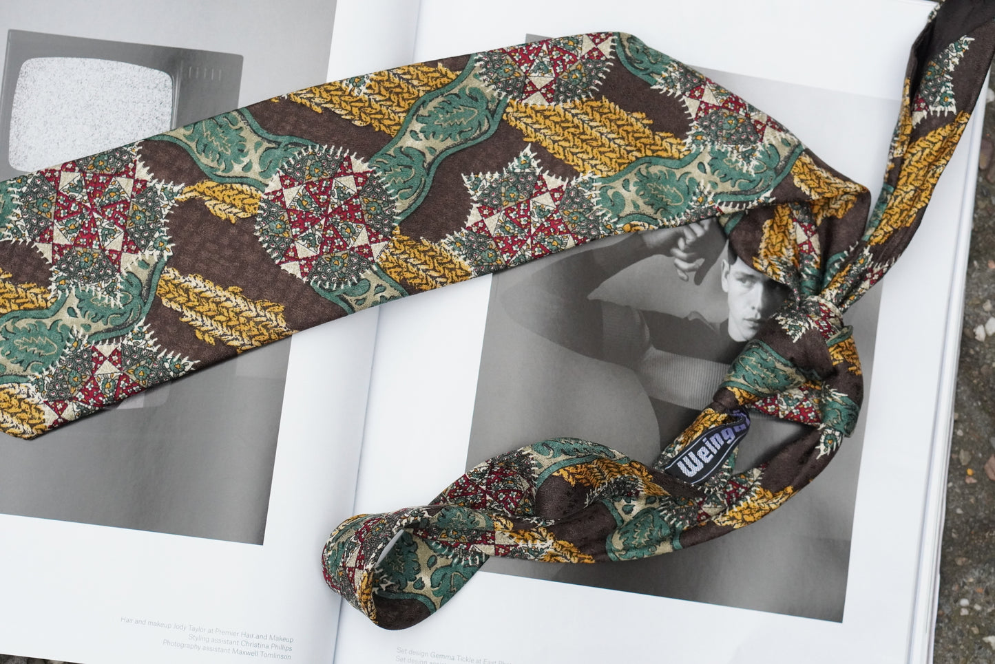 Alpi Vintage 1980s Silk Tie Brown Green Gold Geometric Abstract Mens Necktie