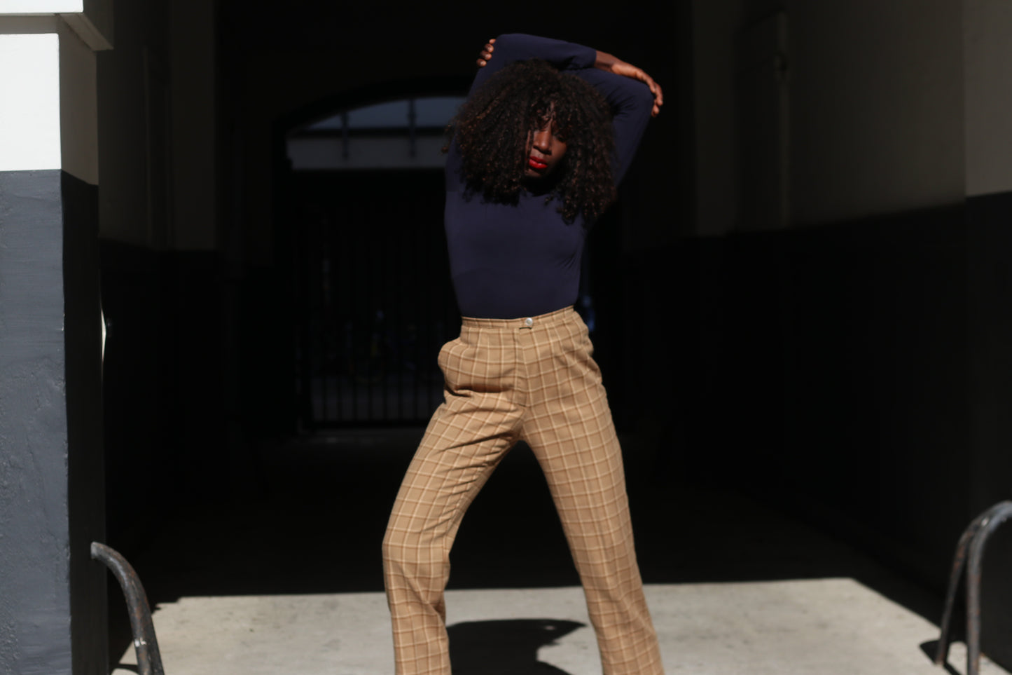 Plaid Trousers Vintage 70s Beige High Waisted Pants | Fits XS to S