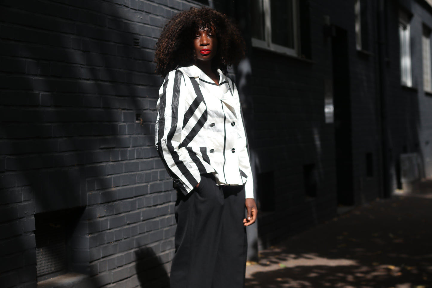 Vintage Striped Blazer | 90s Black White Geometric Jacket | Vera Mont S