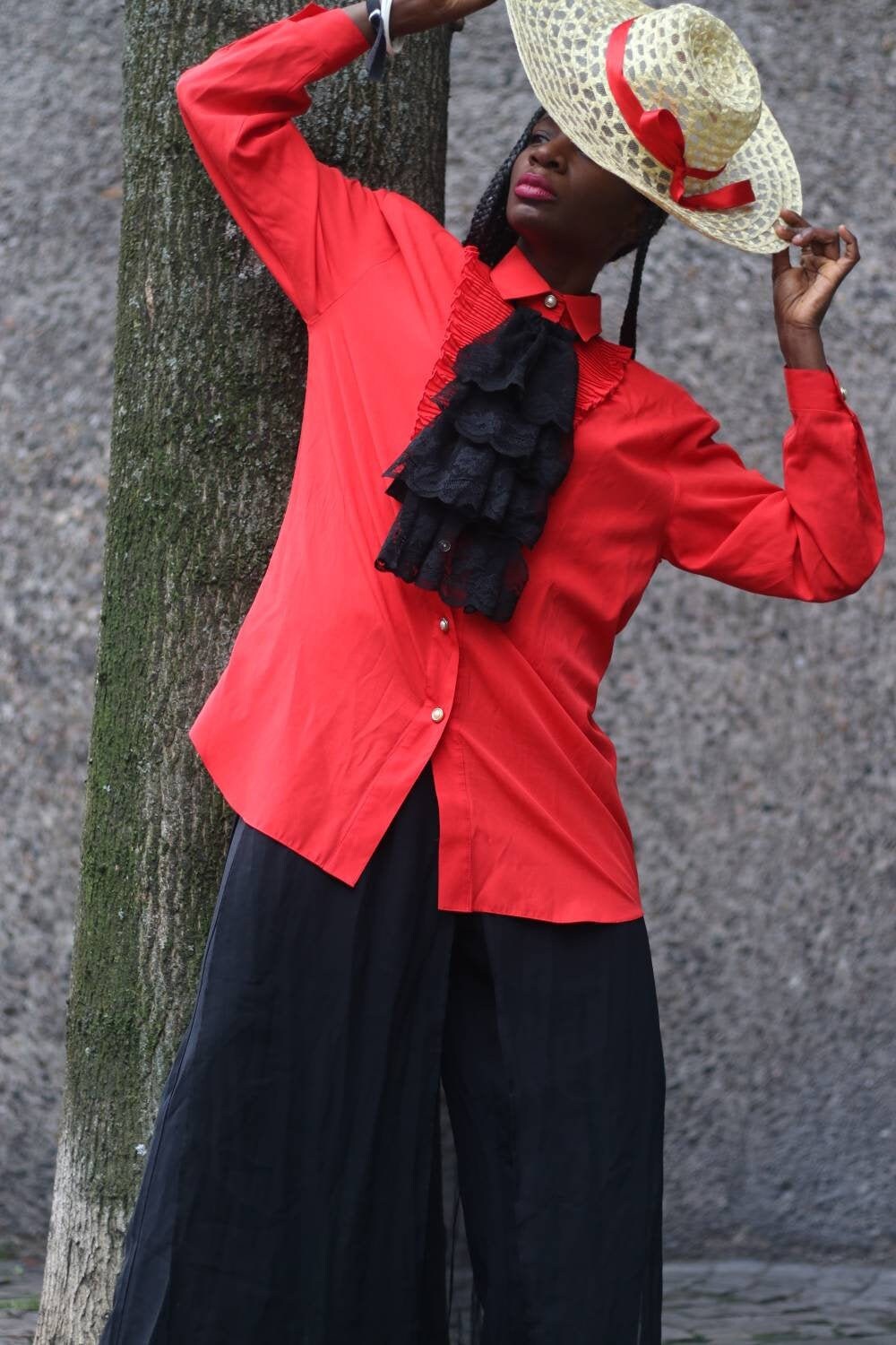 Tuxedo inspired long sleeve blouse | Vintag blouse with pleated details| Spanish inspired bold design