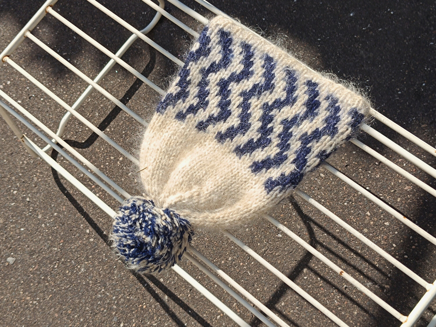 Hand-knitted Winter Hat| Vintage Cozy Blue Winter Beanie | Unique white and blue winter accessory| Maximalist knitted pom pom hat