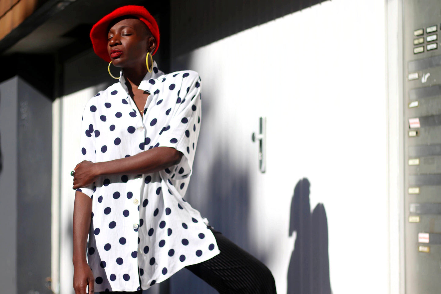 Vintage polka dotted Blouse| 80s Gigi Modelle oversized monochrome shirt in black and white