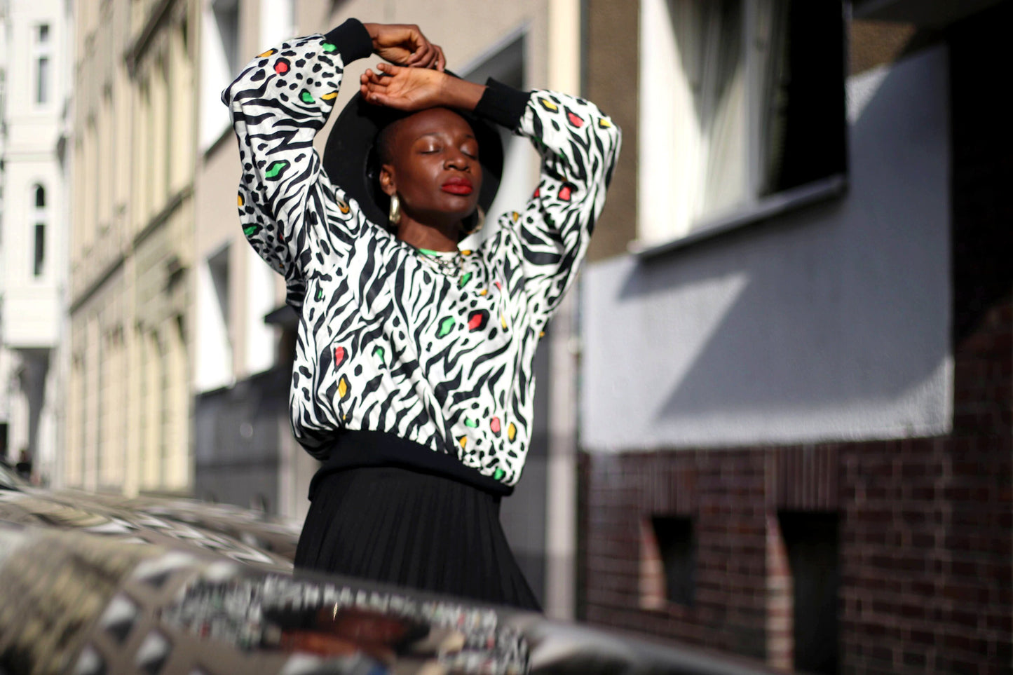 80s St Malo Blouse | Vintage animal print tunic| Monochrome black and white design| Crazy print Maximalist long sleeved top