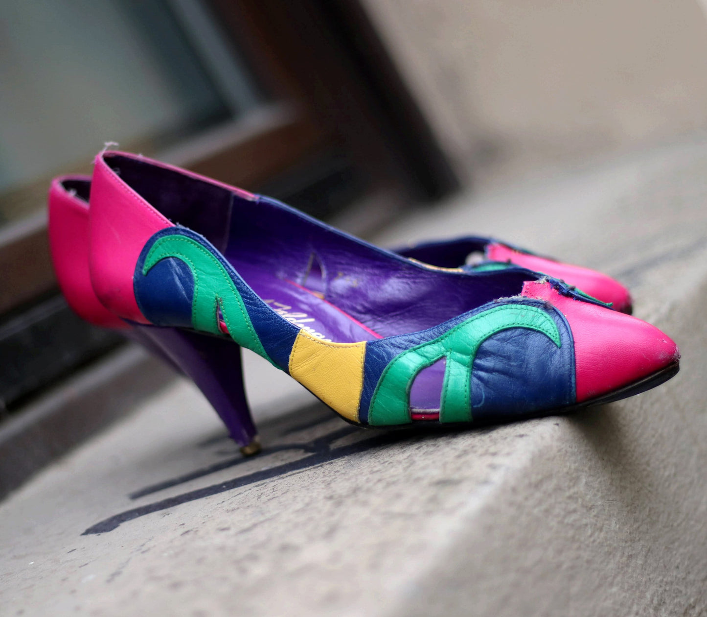 80s Beverly Feldman Pumps| Vintage Women's Rare Leather Multi-Colored Heels | Purple Black Maximalist Stilettos| Zigzag pattern Suede Shoes
