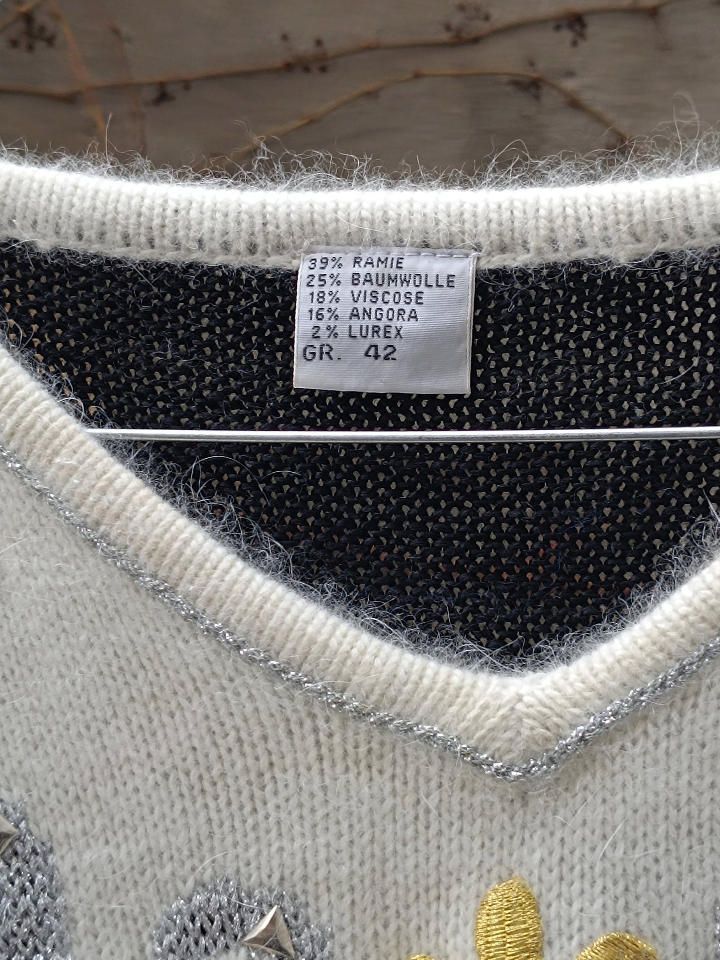 80s Angora Blend Sweater | Vintage Women's Black and White Winter Sweater| Embellished Monochrome Fuzzy Knit