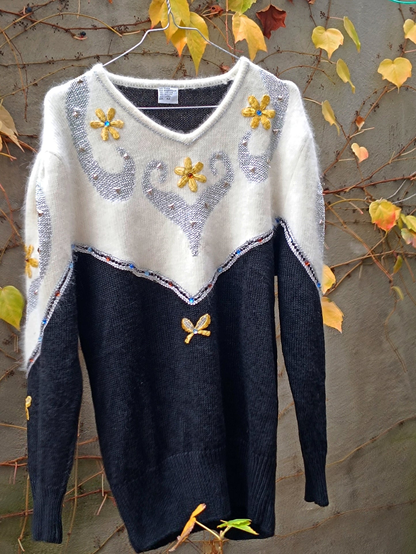 80s Angora Blend Sweater | Vintage Women's Black and White Winter Sweater| Embellished Monochrome Fuzzy Knit