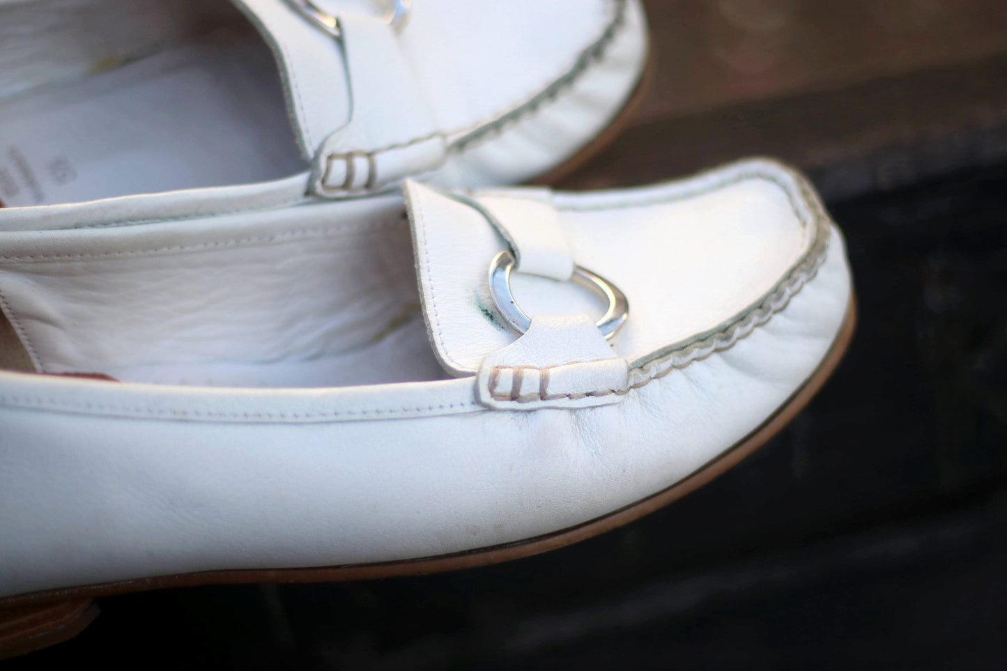 90s Gabor Loafers | Vintage Women's Minimalist Leather Boat Shoes in White | Classic White Brogues with Silver Detail