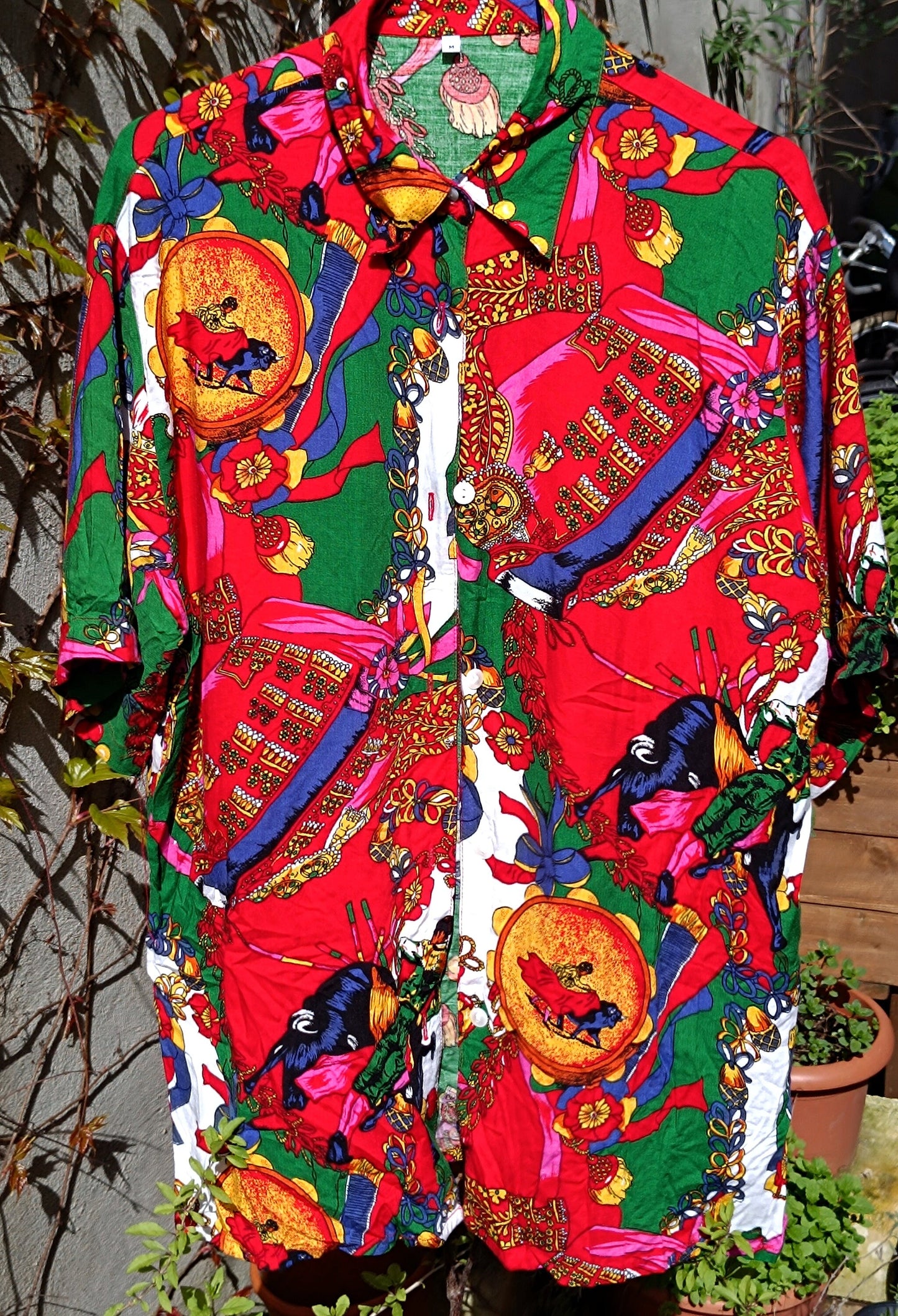 90s Crazy Pattern Shirt| Vintage Unisex Colorful Summer Shirt| Women's Red Print Shirt| Men's buttoned down shirt