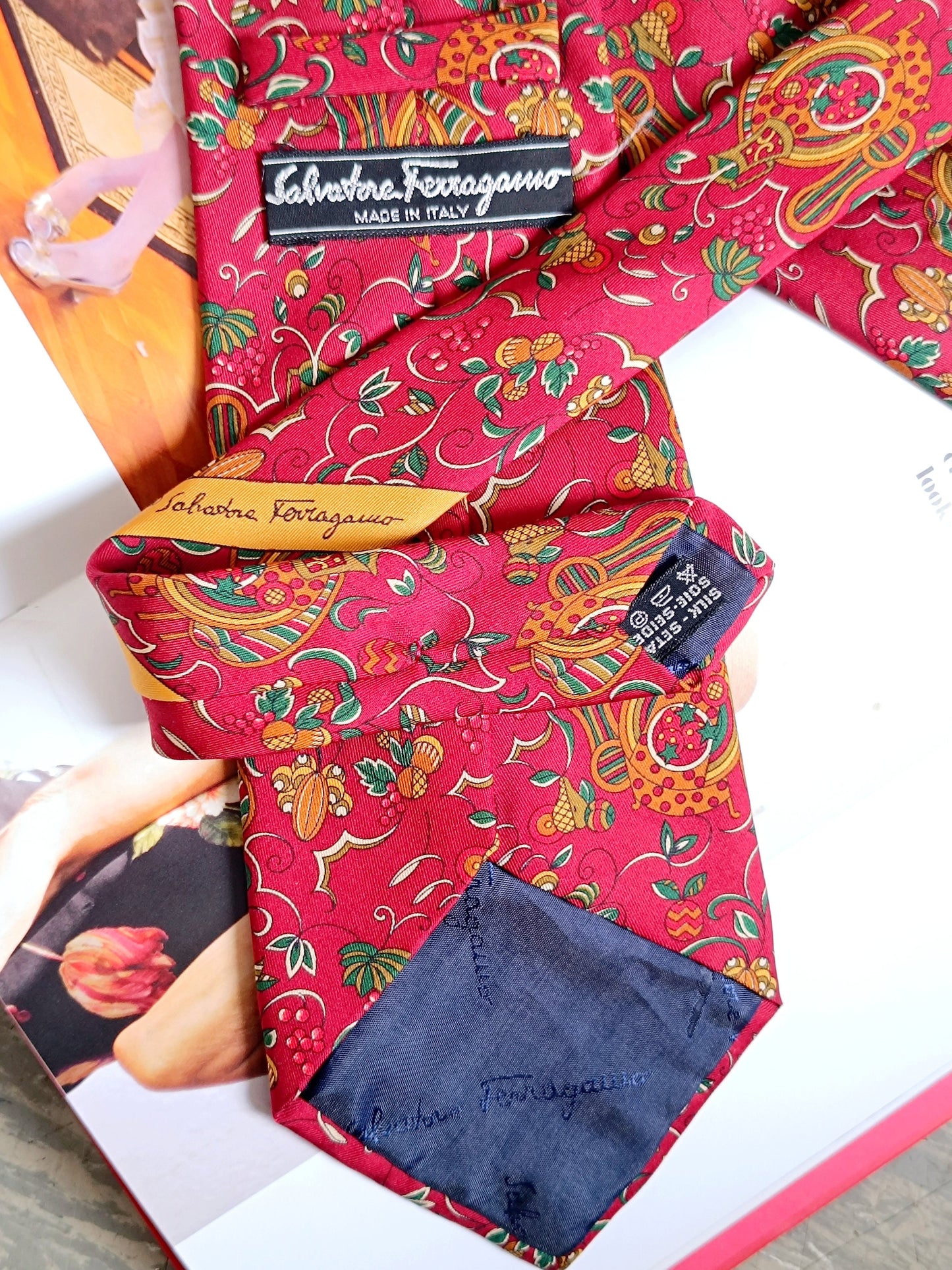 Vintage Salvatore Ferragamo Silk Tie| Men's Red tie with Floral Print| Design tie with Whimsical Botanical Print