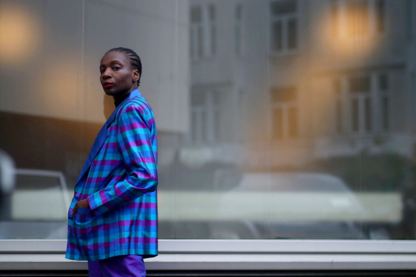 80s Checkered Blazer | Vintage Maximalist Women's Blazer | Blue and Purple Workwear Jacket