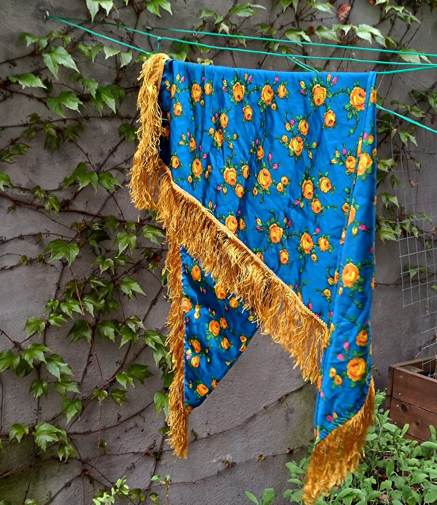 Vintage Folkloric Scarf| Latin-Inspired Blue and Yellow Tasseled Scarf| Maximalist Summer Fringed Bohemian Headscarf
