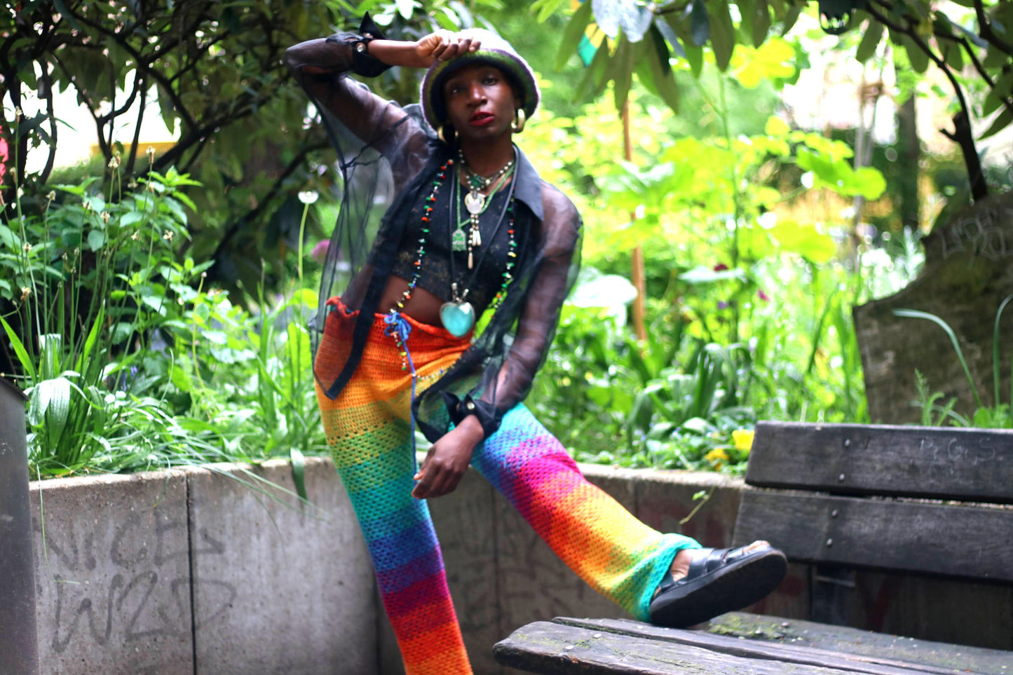 70s Psychedelic Pants| Women's Knitted Summer Trousers| Hippy Rainbow Colorful Boho Crocheted Bottoms