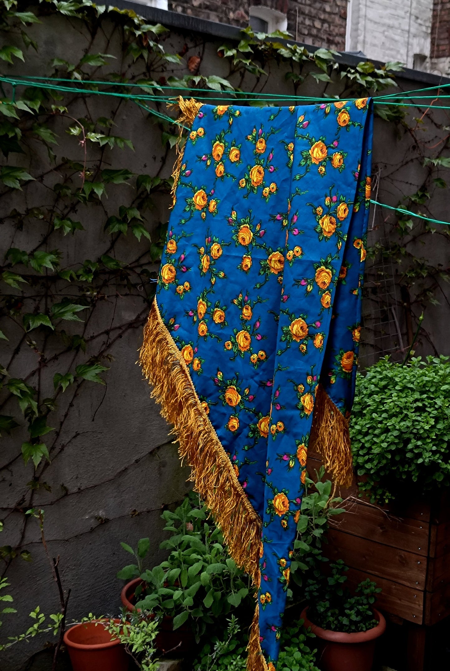 Vintage Folkloric Scarf| Latin-Inspired Blue and Yellow Tasseled Scarf| Maximalist Summer Fringed Bohemian Headscarf