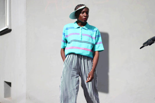 90s Striped Polo| Women's Tenniscore Shirt| Vintage Green, Blue and Pink Sporty Shirt| Athleisure Streetwear Unisex Shirt