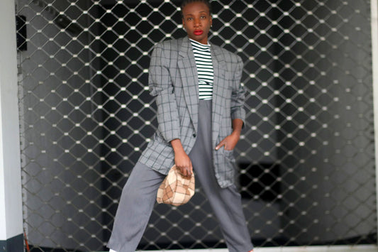 Ganni Versace Checkered Blazer| Vintage Plaid Grey Designer Blazer | Geometric Women's Woolen Suit Jacket