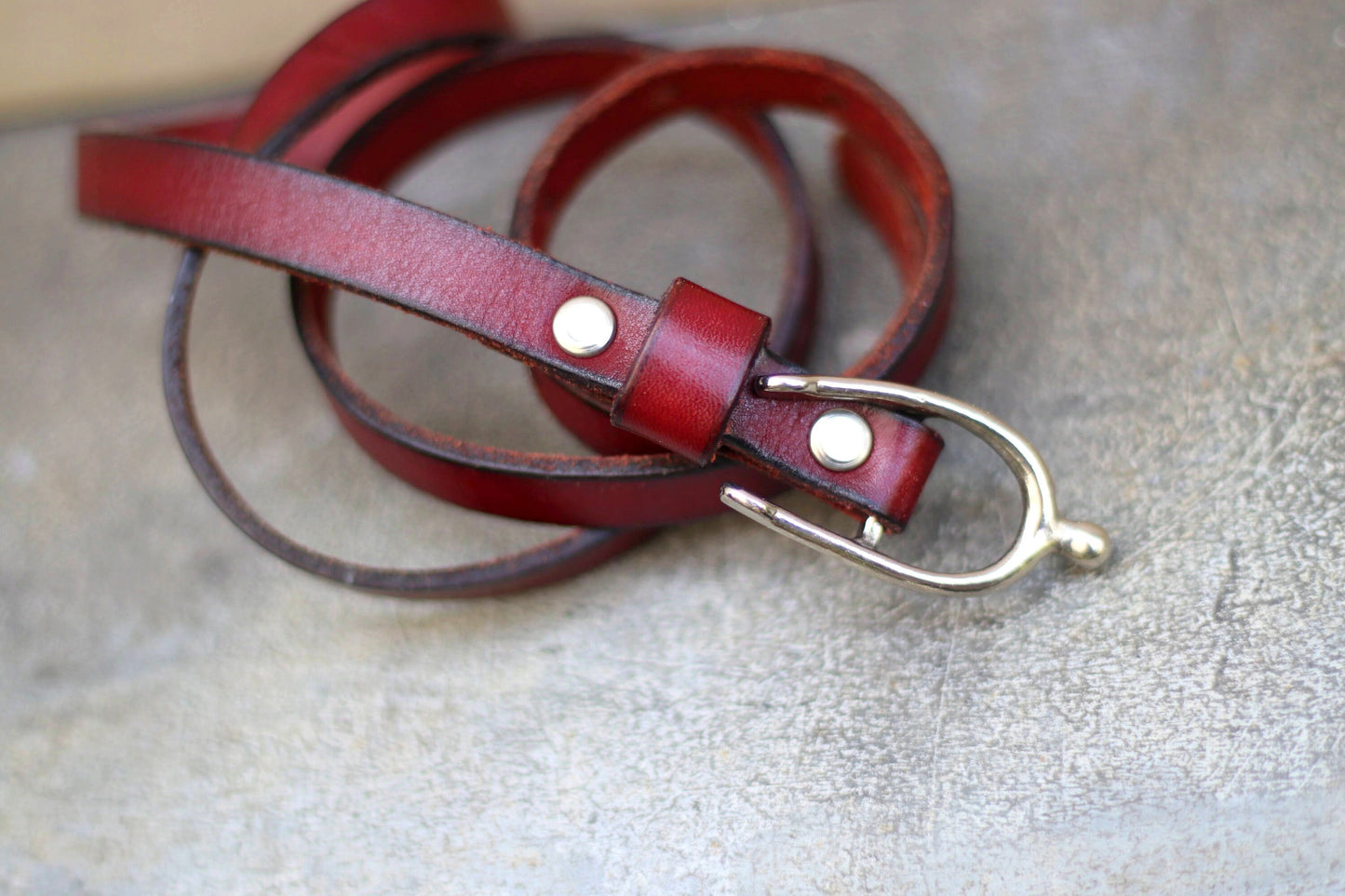 Vintage Red Skinny Leather Belt| 80s Classic Women's Belt with Silver Toned Belt| Minimalist Thin Belt