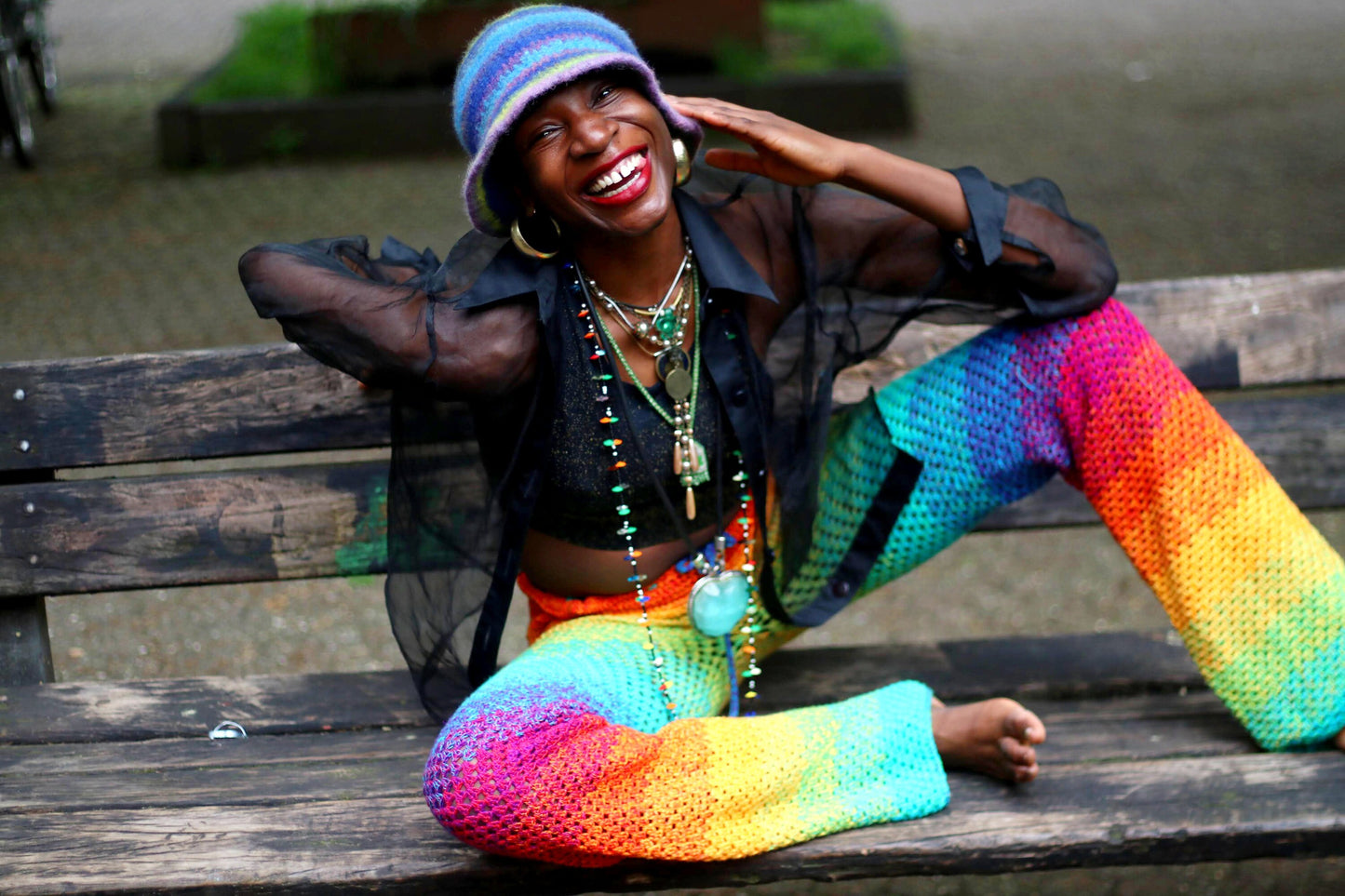 70s Psychedelic Pants| Women's Knitted Summer Trousers| Hippy Rainbow Colorful Boho Crocheted Bottoms