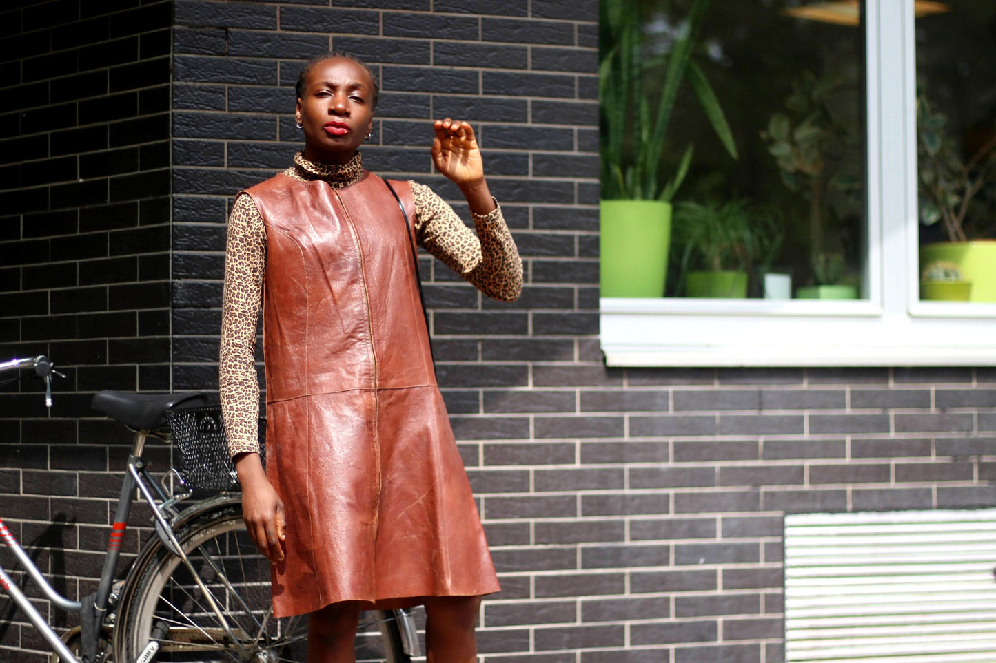 70s Brown Leather Dress| Vintage Sleeveless Chic Dress| Minimalist Women's Chic Midi Dress